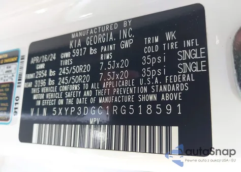 2024 Kia Telluride Ex X-Line z USA, uszkodzony, nr VIN 5XYP3DGC1RG518591